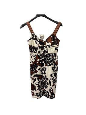 Brown & Cream Floral Print Sleeveless Dress Sz 6 With Tie-Back Detail